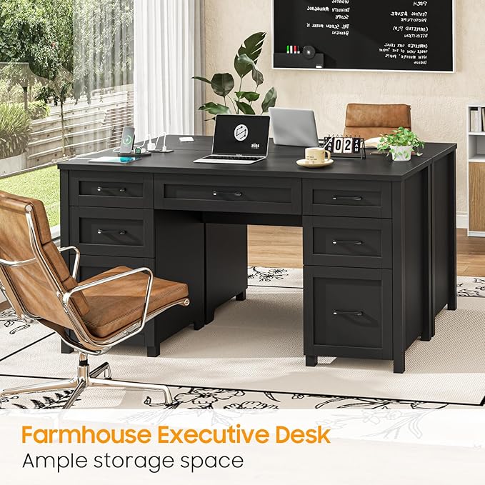 Farmhouse 61'' Executive Desk with 5 Drawers Rustic Office Desk Computer Desk with File Drawers and Storage Cabinet Wood Workstation for Home Office and StudyPure Black