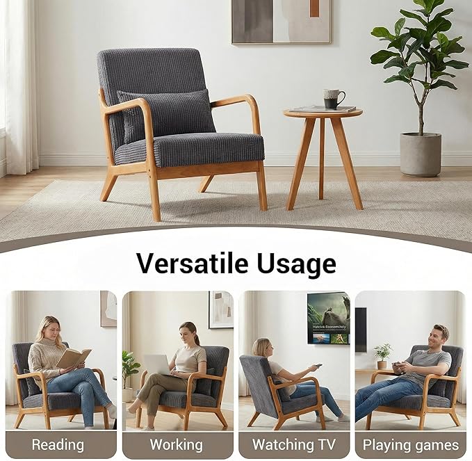 Accent Chair with Side Table Comfy Arm Chair with Solid Wood Frame Upholstered Mid-Century Modern Chair for Living Room Bedroom Waiting Room Gray