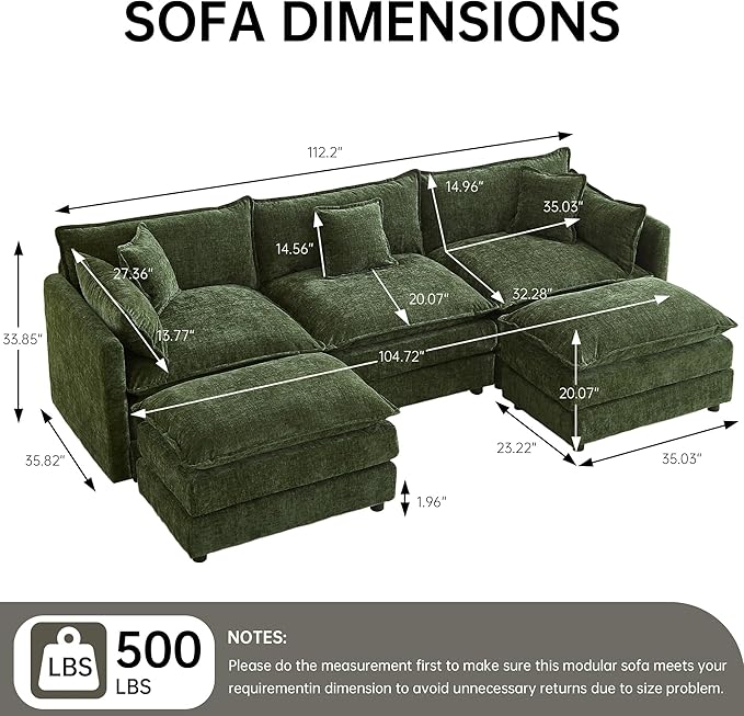 Modular Sectional Sofa 112.2 Inch U Shaped Couch Set with Armrests 3-Seater Comfy Cloud Couches with Movable Ottoman for Living Room Apartment Green