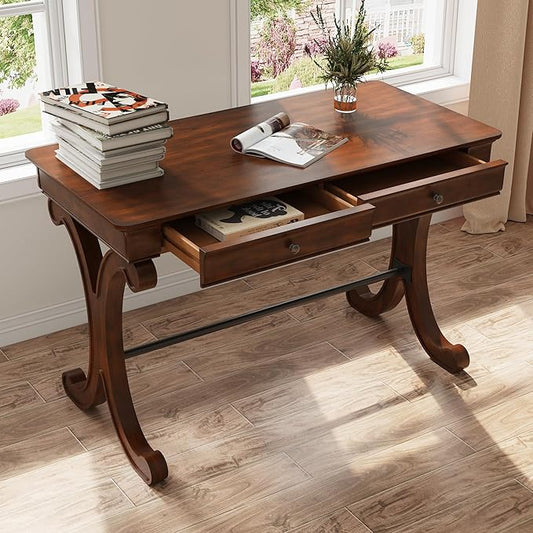 Traditional Wood Writing Desk with 2 Drawers 47.2 Large Work Desk with Ample Tabletop and Curved Legs Big Secretary Table in Cherry Walnut for Home Office SSZ-D0036