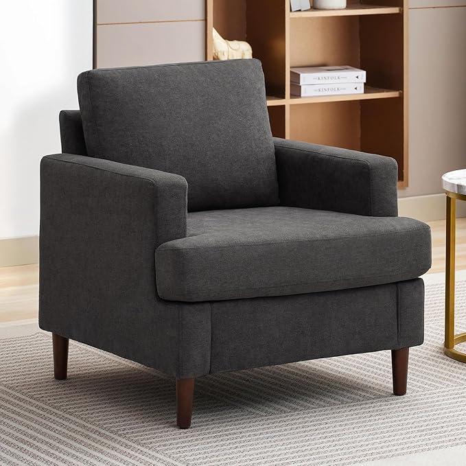Mid-Century Accent ChairModern Linen Fabric Armchair for Living RoomComfy Upholstered Reading Accent Chairs for BedroomSingle Sofa Chair with Wood Legs (Dark Grey 1 Pack)