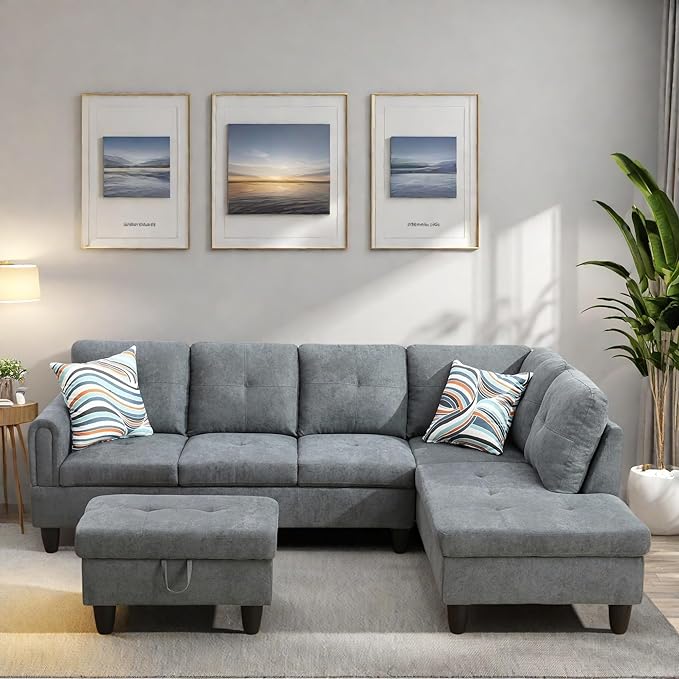 FONTOI L Shaped Sectional Couches Modern Modular Sectional Sofa for Living Room Bedroom Furniture Comfortable 4 Seat Couch with Ottoman Storage &amp Chaise Gray