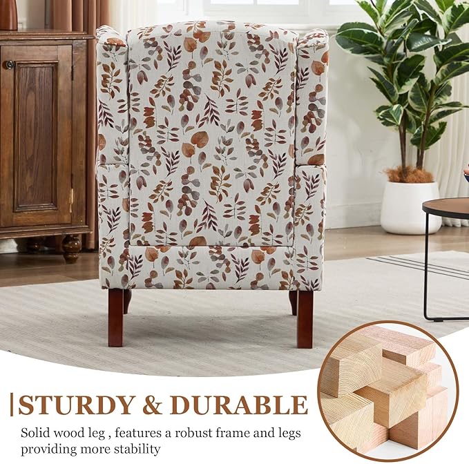 Vintage Floral Accent Chair Wingback Chair with Arms for Living Room Antique Occasional Side Chair|High Back|Ticken Seat Cushion|Fabric Upholstered (Blue) (Brown Yellow A)