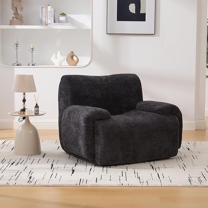 42 Mid-Century Modern Oversized Accent Armchair Comfy Upholstered Chenille Boneless Single Sofa Chair Wide Armchair Reading Chairs for Living Room Bedroom Office (Black)