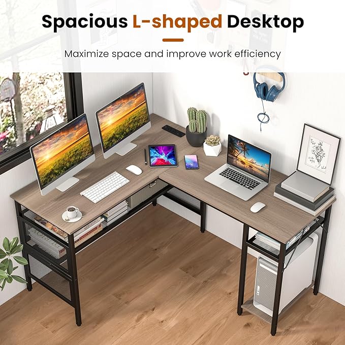 Tangkula Reversible L-Shaped Computer Desk with Charging Station &amp Shelves Large Corner Gaming Desk with Adjustable Shelf &amp CPU Stand Modern Study Writing Desk Home Office PC Workstation (Gr