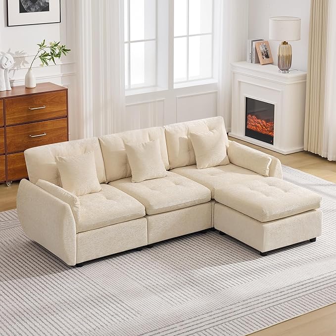 84 L Shaped Modular Sectional Cloud Sofa with Ottoman Deep Seat Tufted Chenille 4-Seater Couch with Curved Arms Beige
