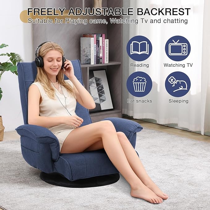Linen Fabric Ergonomic Gaming Chair 6-Position Reclining Sofa Bed with Lumbar Support Foldable Floor Lounger with Thick Cushion Armrests &amp Side Pockets for Esports Reading Napping (Blue)