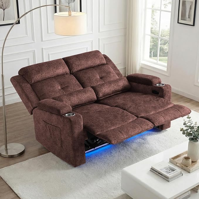 Power Reclining Loveseat Sofa Velvet Loveseat Recliner Sofa Couch with LED Light//Hidden StorageRV Wall Hugger Double Recliner for Living Room (Brown No Console) | LED Light Hidden Storage