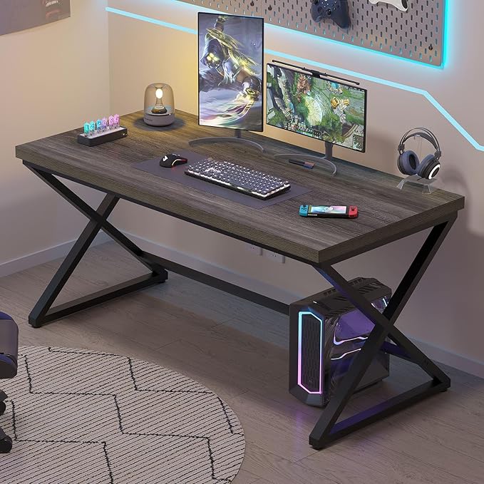 IBF Grey Home Office Desk Modern Computer Desk for Writing Study Wood Metal Rustic Pc Gaming Executive Work Desk Industrial Workstation Computer Table in Bedroom Dark Gray Oak 55 Inch