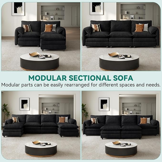 YITAHOME 142 Modular Sectional Sofa with Movable Ottoman Modern U Shaped Couch with Pillow-Armrest Velvet 6 Deep Seat Cloud Couch for Living Room Apartment Office Black