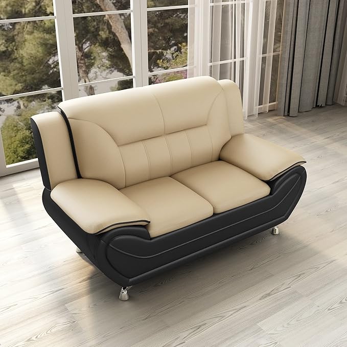 Michael Modern Faux Leather Upholstered Stainless Steel Legs Living Room Loveseat Black Camel