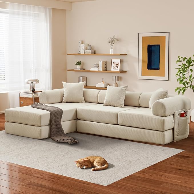 L Shaped Convertible Modular Sofa Bed with Cylindrical Pillow &amp Reversible Chaise Corduroy Folding Floor Sofa Couch Bed with Fixed-Shape Frame &amp Storage Pocket for Living Room Beige