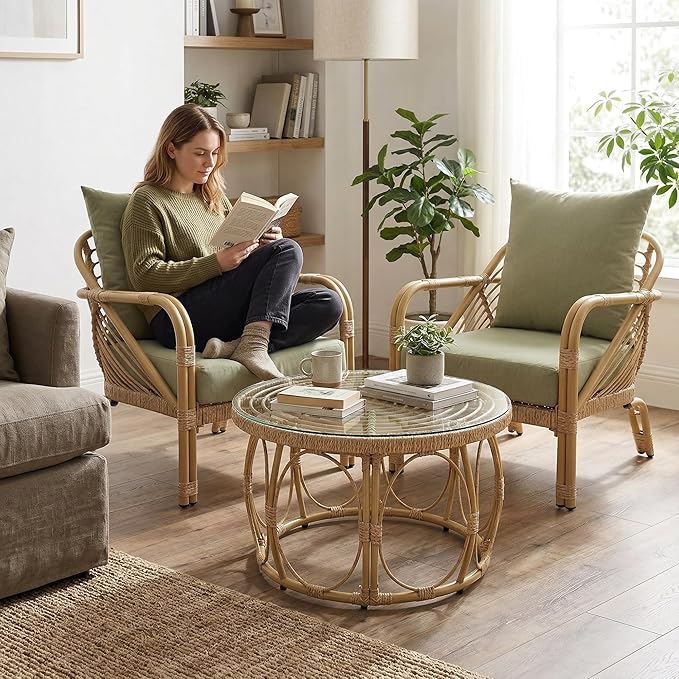 Living Room Chairs Aluminum Accent Chairs Set of 2 Comfortable Arm Chair with Glass Coffee Table Comfy Armchair for Bedroom Rattan Braid Armchairs Accent Chair for Indoor/Outdoor Green