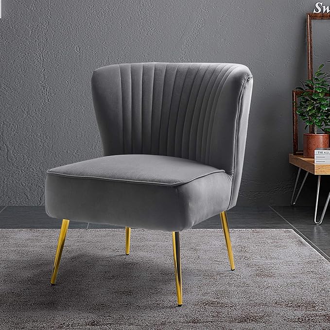 Tina's Home Velvet Armless Accent Chair Upholstered Modern Small Side Chair with Golden Legs Comfy Cute Wingback Slipper Chair for Living Room Study Beauty Room Thickly Padded(Grey)
