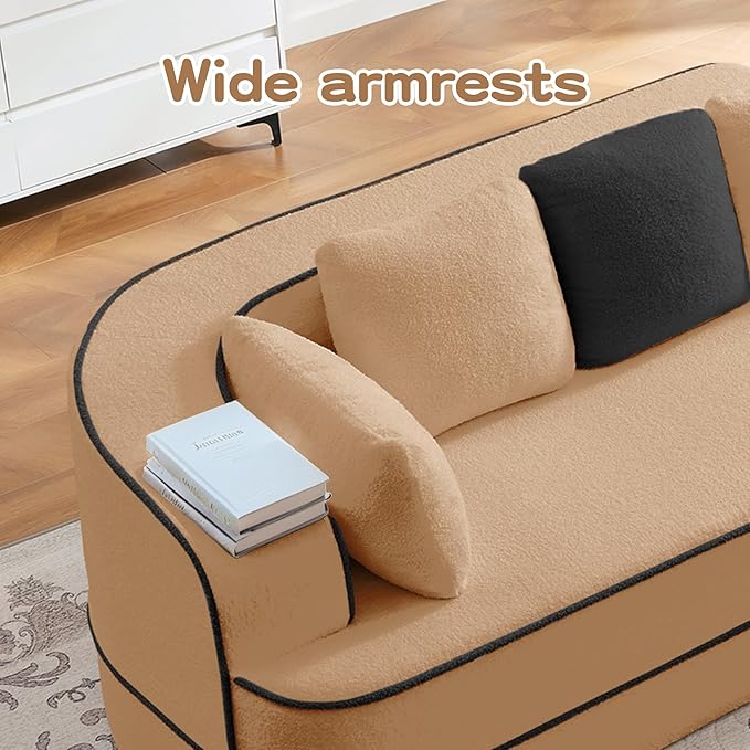 105.9 L-Shaped Boneless Sofa Right Chaise Plush Teddy Fabric 3-Seater Sectional Couches with 32D High-Resilience Foam Wide Arms for Living Room ApartmentCamel