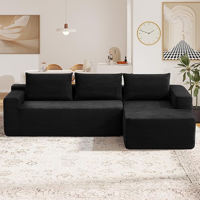 97 L Shaped Boneless Couches fo Living Room Modular Sectional Sofa Black Corduroy Compression Couches for Small Spaces No Assembly Required (Right Facing Chaise)