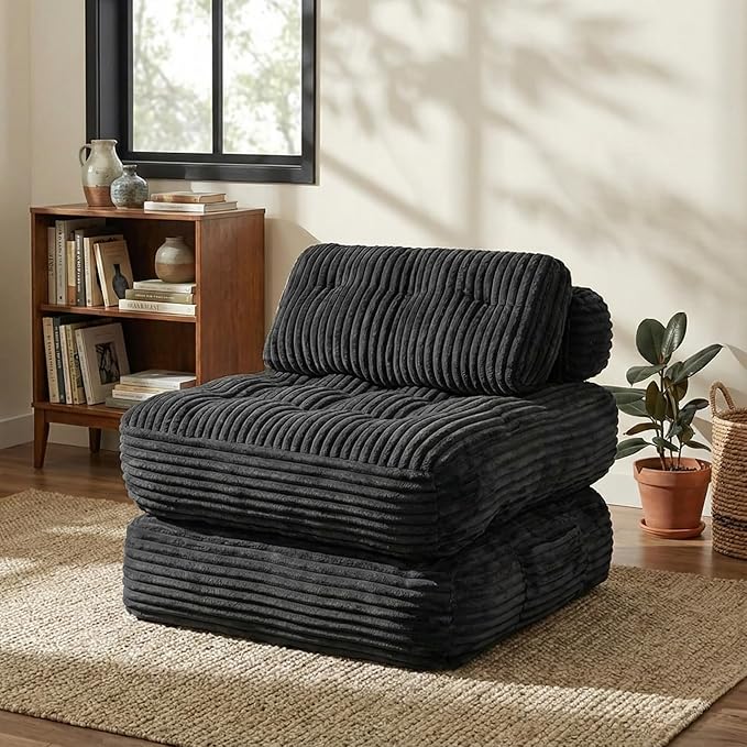 Boneless Chair Folding Sofa Bed with Pillow Sleeper Sofa with Back Support Sleeper Chair Portable Fold Out Chair Bed Comfy Foldable Mattress for Living Room Black Single