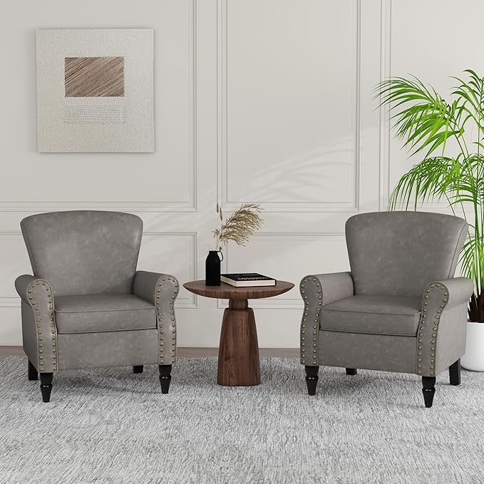Accent Chair Mid Century Modern Faux Leather Arm Chair with Wood Leg for Living Room Bedroom Comfy PU Leather Club Reading Chairs with Wingback &amp Nailhead Trim (Leather Grey Set of 2)