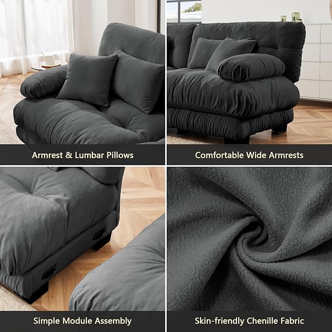 Oversized Modular Sectional Sofa 94.4 Inch Comfy Chenille Cloud Couches for Living Room Office Loveseat Sofa with 4 Pillows Square Handrail Gray