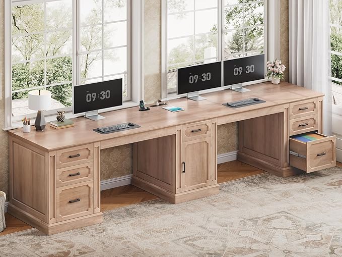 SEDETA Farmhouse 110.3 Two Person Desk with 7 Drawers Long Computer Desk with Storage Cabinet 2 Person Desk with Power Outlets for Home Office Natural Oak