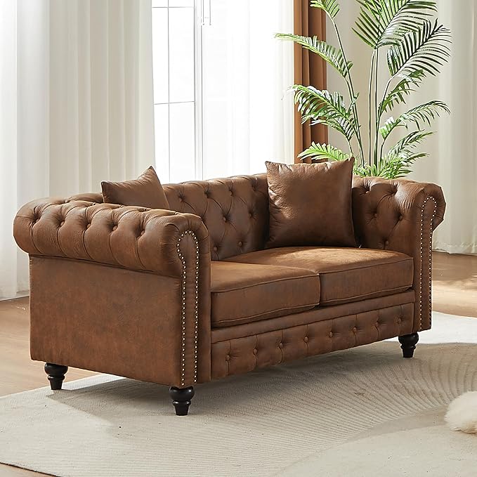 KEIKI Chesterfield Sofa Retro Style Upholstered 2 Seater Tech Fabric Couch with Rolled Arm for Living Room Bedroom Office Brown