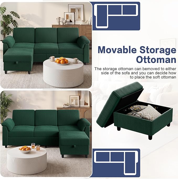 Walsunny 79 Convertible Sectional Sofa Reversible Modern L Shaped 3 Seat Modular Sofa Couch with Pillows and Storage Ottoman for Living Room（Green）