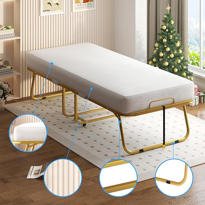 PUREMIND Folding Bed with Mattress for Adults 75”L x 46”W Portable Foldable Beds with Metal Bed Frame Single Portable Roll Away Guest Beds for Bedroom Living Room Office