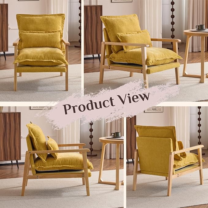 Karl home Midcentury Accent Chair for Living Room Chenille Upholstered Lounge Armchair with Lumbar Pillow Ruffle-Designed Cozy Reading Chair with Wood Legs Yellow