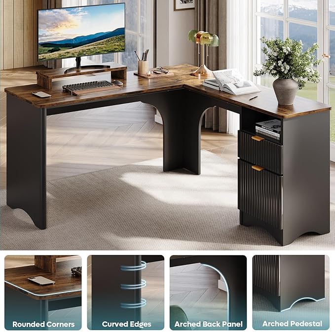 Bestier L Shaped Desk with File Drawer 55.7 x 55 Office Computer Desk with Round Corners Modern Desk with Monitor Stand &amp Fluted Panels for Home Office Black &amp Rustic Brown