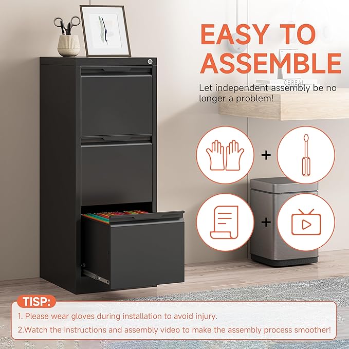 3 Drawer File CabinetFiling Cabinets for Home Office Metal Vertical File Storage with Lock Locking for A4 Legal/Letter Assembly Required(Black)