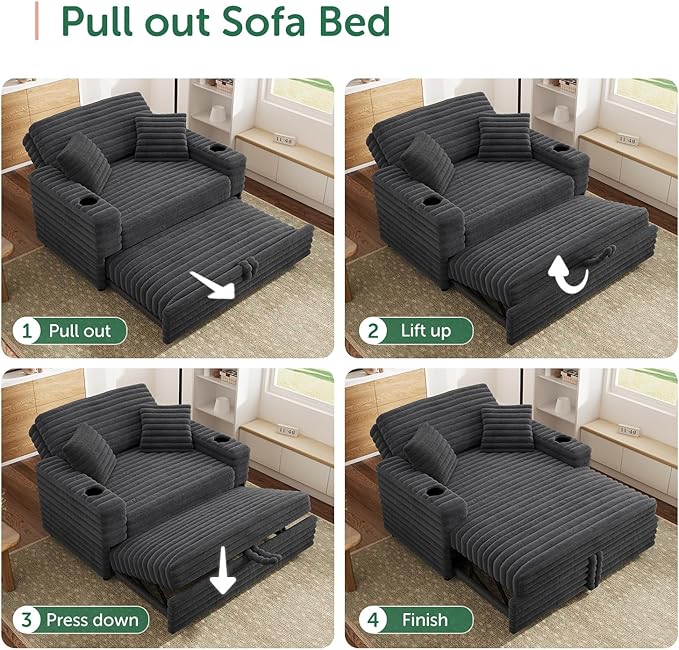 Plush Sofa 52” 3-in-1 Convertible Pull-Out Sofa Bed Sleeper Loveseat with Built-in Cup Holders Reclining Backrest Pet-Friendly for Small Space - Grey