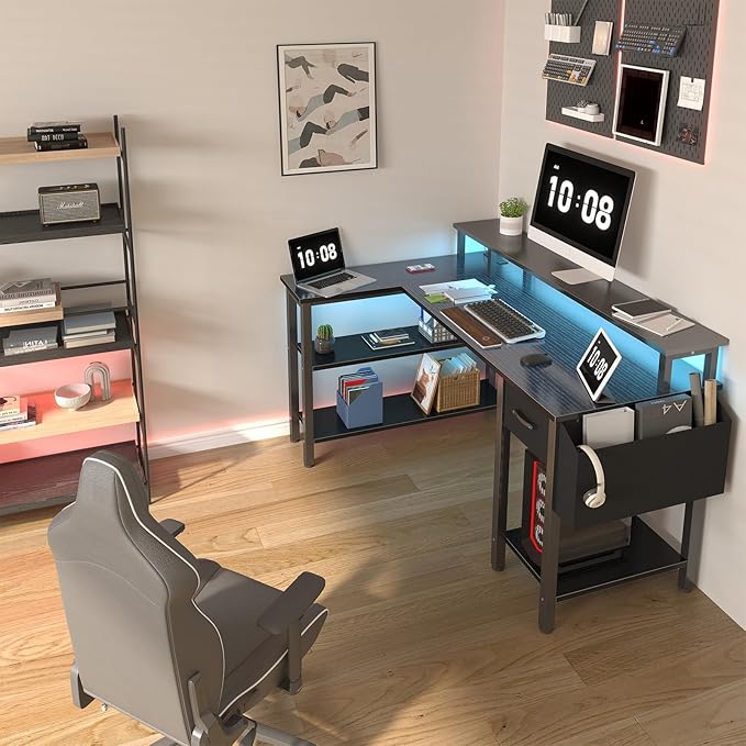 Lufeiya L Shaped Gaming Desk with Fabric Drawers and Storage Shelves 47 inch Home Office Desk with Monitor Stand Computer Desk with LED Lights and Power Outlets Black