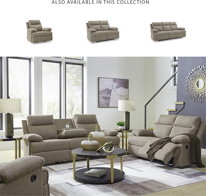 Signature Design by Ashley Yarrow Lane Classic Chenille Manual Pull Tab Reclining Sofa with Drop Down Table and USB Charging Light Brown