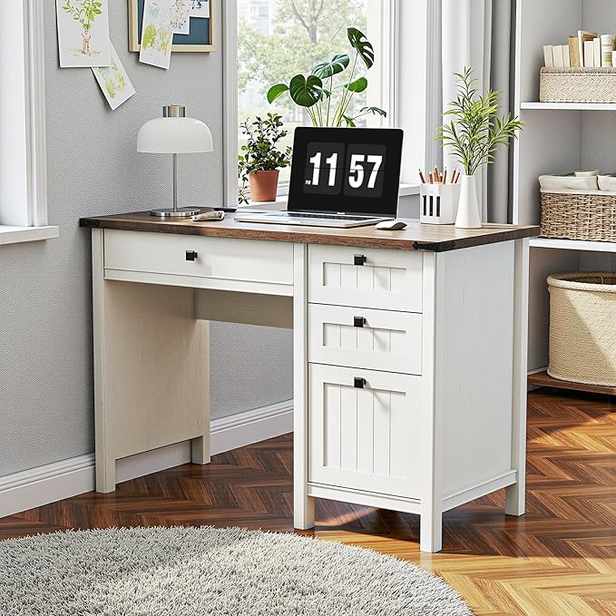Farmhouse Executive Desk 45 inch Computer Desk with 4 Drawers Smart Charging Station Home Office &amp Study Room Essential for Remote Workers Professionals &amp Students.Antique White