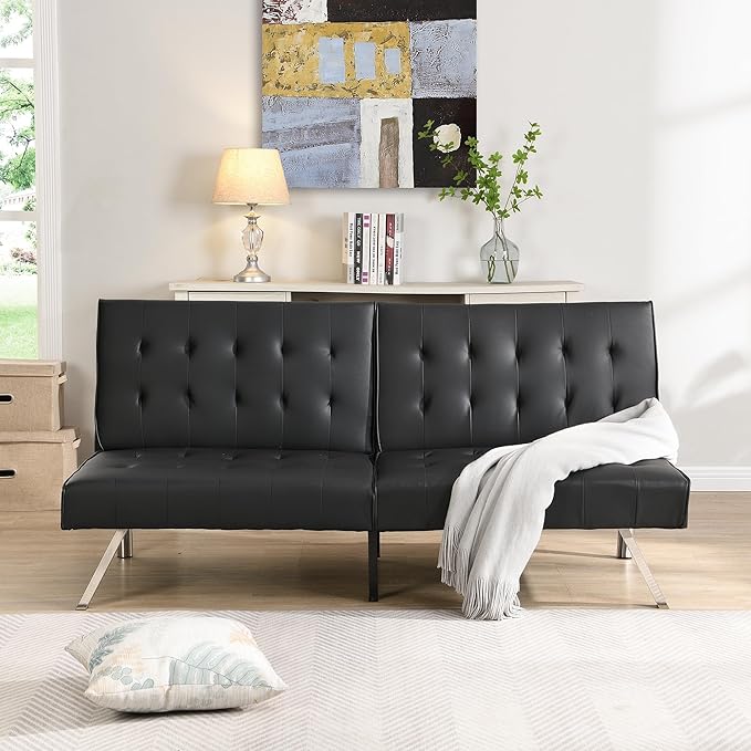 Modern Convertible Futon Sofa Bed Adjustable Loveseat Futon Couch with Metal Legs Upholstered Sofa Bed with Wood Frame Sleeper Couches for Small Compact RV Living RoomOffice (Black-Leather)