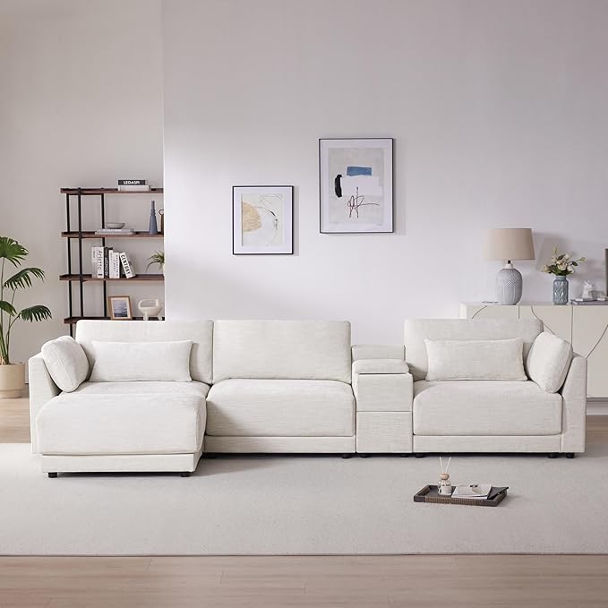 124'' Modular Sectional Sofa with Storage Console and Movable Ottoman 33'' Wide Seat 4 Seat L Shaped Chenille Couch Reversible Comfy Sofa with USB Charger for Living RoomApartment (Beige-K003)