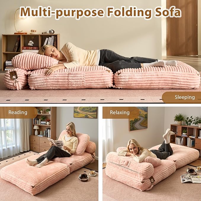 75'' Foldable Sofa Bed Convertible Sleeper Sofa with Pillow Boneless Corduroy Foldable Couch Bed Single Sleeper Chair for Small Spaces Living Room Bedroom StudioPink