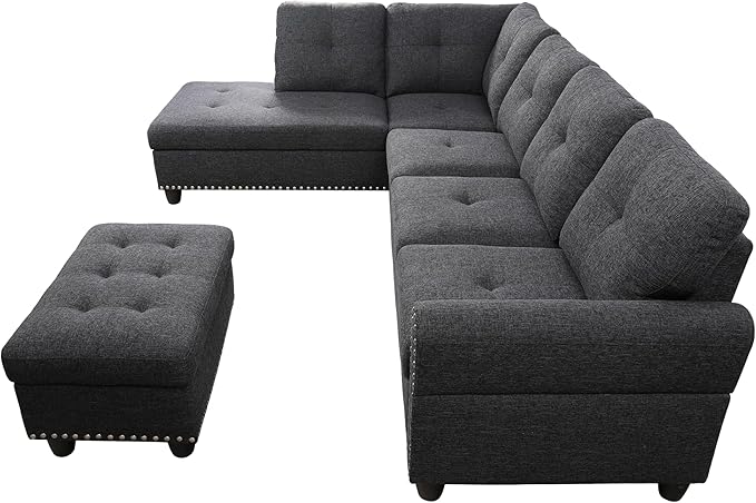 Yehha L-Shaped Sectional Sofa Rivet Hemming Upholstered Modular Couch with Reversible Cup Holder &amp Storage Ottoman Comfy Couches for Living Room Apartment Dark Grey