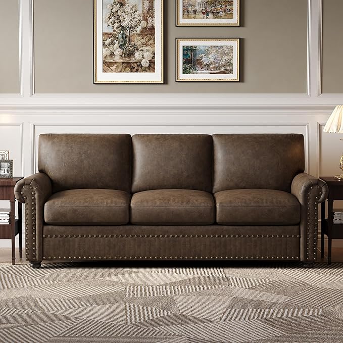 ONBRILL Faux Leather Sofa 84 Inches Nailhead Trim Couch for Living Room Mid-Century Modern Deep Seat Sofa with Rolled Arms Classic 3 Seater Couch for Apartment Office Brown