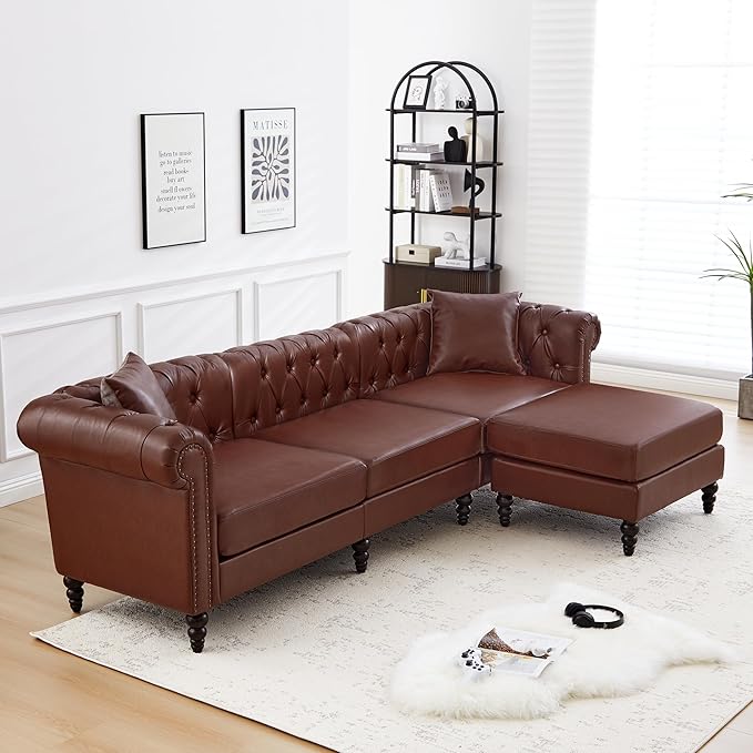 AVZEAR Chesterfield L Shaped Sofa Modular Sectional Leather Couch with Ottoman and Pillow Modern Sofa Bed PU Deep Seat Sofas Living Room Furniture Sets for Living Room Bedroom and Apartment Brown