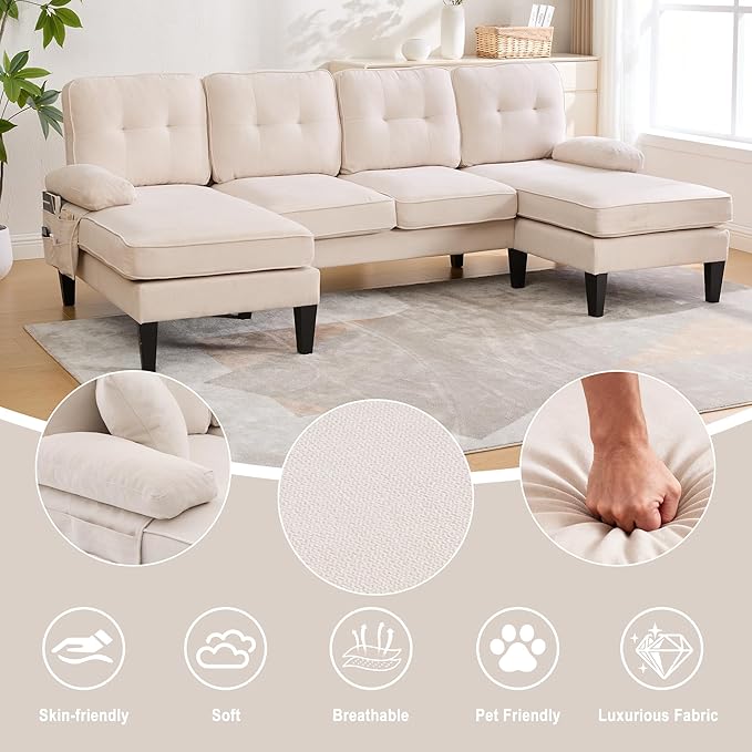 100'' U-Shaped Sectional Sofa with Double Chaise Minimalist 4-Seater Couch with 2 Pillows Sofa Set with Arm &amp 2 Side Pocket for Living Room Apartment (Beige)