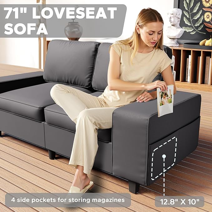 71 Leathaire Loveseat Couch 2 Seater Retro Sofa with 4 Side Pockets Removable and Washable Cushions Living RoomApartment Office (Dark Grey)