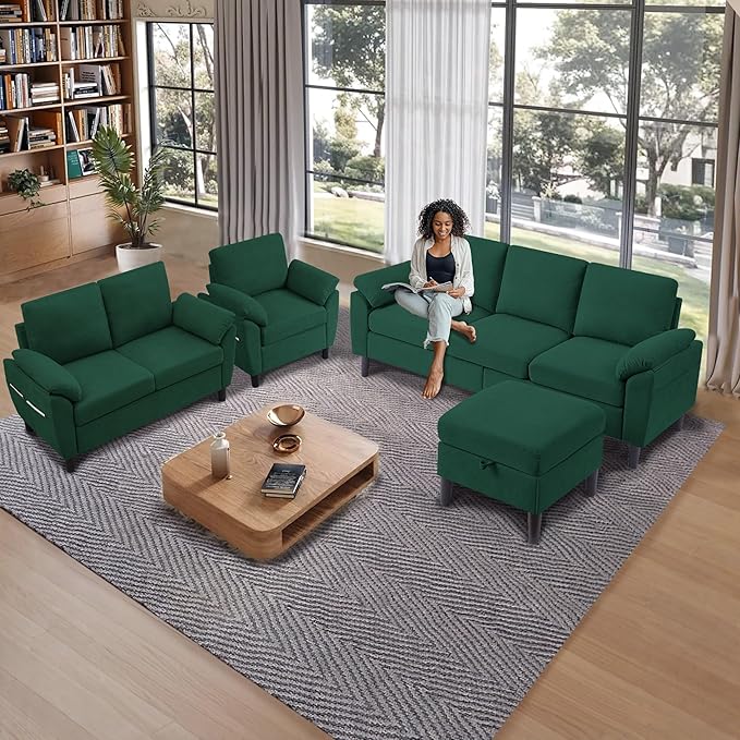 3 Pieces Sectional Sofa Set 79 Modern L Shaped Couch &amp 57 Loveseat &amp 35 Accent Chair Linen Upholstered Sofa Set with Movable Ottoman Couches for Living Room Apartment Green