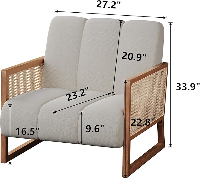 WENTMENT Mid Century Modern Accent Rattan Chair Set of 2 Natural Rattan Armchair with Solid Wood Frame Upholstered Living Room Chair Lounge Chair for Reception Room/Hosting Room/Bedroom (Grey)