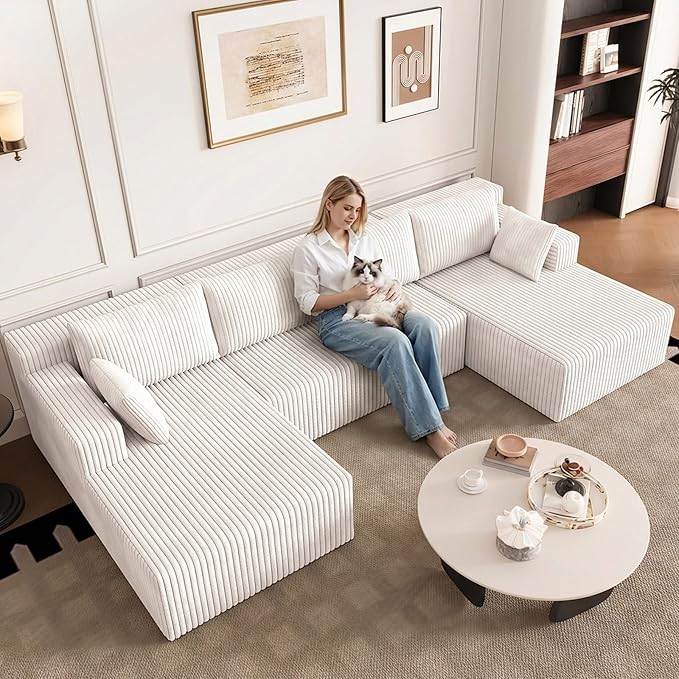 124 U Shaped Cloud Couch Sectional Corduroy Upholstered 4-Seater Cloud Couches for Living Room Deep Seat Modular Boneless Sofa with Lounge Chaise No Assembly Required White