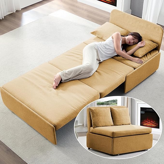 Mjkone 43 W Twin Size Pull Out Sleeper Sofa Bed Chair with Pullout Couch Beds 2 in 1 Convertible Single Sofas Sleeper Chair with Pillows for Living Room Small Place Apartment Office Yellow
