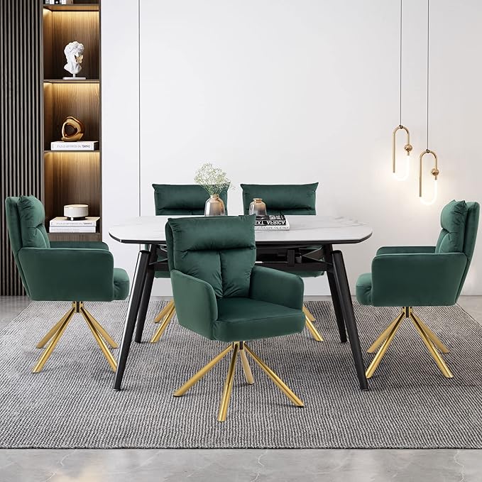 NORDICANA 180° Swivel Velvet Living Room Chair Modern Armchair with Golden Legs Ergonomic Upholstered Dining Accent Chair Single Sofa for Bedroom Reading Home Office Christmas Green