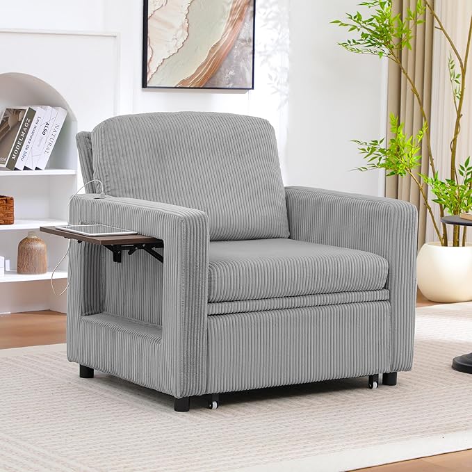3 in 1 Folding Convertible Sleeper Sofa Bed Pull Out Couch with Side Pockets USB Port Side Table Single Sofa Bed with Adjustable Backrest for Living Room Bedroom 66 LIGHTGREY 1 SEAT