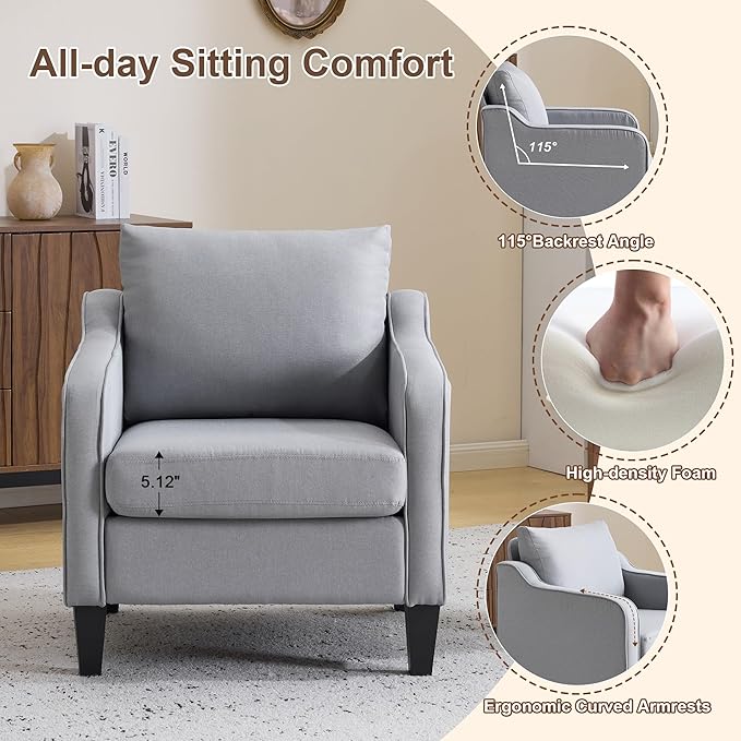 Accent Chair for Living Room Set of 2 Modern Linen Fabric Upholstered Armchair Comfy Reading Chair for Bedroom Mid Century Single Sofa Chair with Solid Wood Legs for Apartment Office Grey