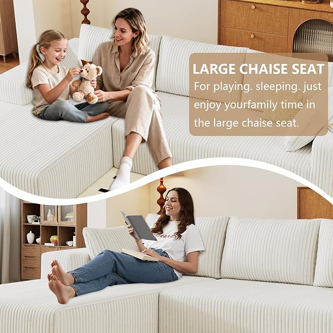 96 Modular Sectional Couch Boneless L Shaped Cloud Sofa with Chaise Lounge Corduroy Upholstered Couches Memory Foam Deep Seat No Assembly Required Ideal for Living Room(White Left Facing)